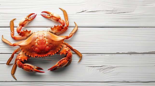 A crab is sitting on a wooden surface. The crab is orange and has a claw on each side