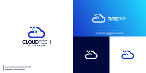 cloud logo with line style with pixel splash ,digital data, logo design vector.