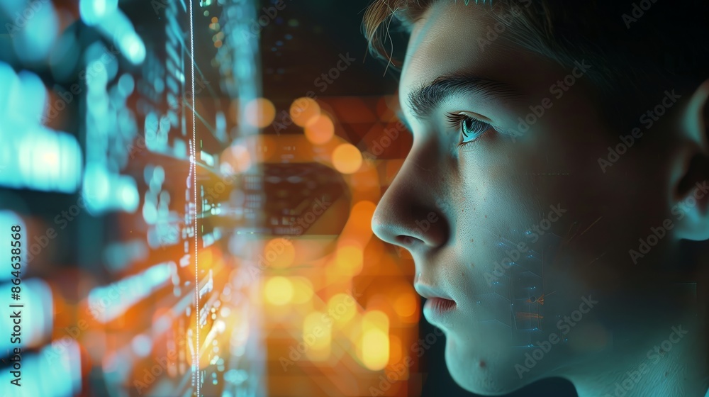 Poster close-up of a young scientist, deep in thought, examining evolving algorithms on a screen in a dim r