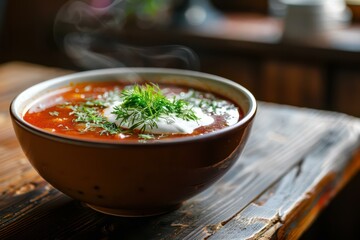 Rustic Bowl of Hot Borscht Soup with Fresh Herbs on Wooden Table