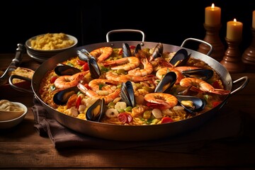 Authentic Seafood Paella with Shrimp, Mussels, and Clams Served in a Traditional Pan