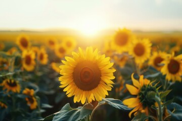 Fototapeta premium Vibrant Sunflower Field at Sunrise - Nature Photography for Environmental Campaigns and Floral Decor