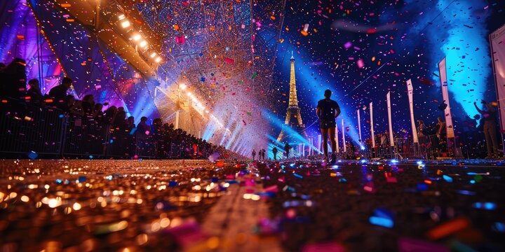 The Olympic event held in Paris, perspective of the running track meeting the Eiffel Tower in the distance