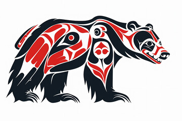 Traditional Inuit Haida folk art of a stylized bear in textured black, white and red  for logo or tattoo.  Pacific Northwest Hida art.