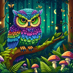 Obraz premium Multicolored Purple and Blue Owl Perched Screech in the Dark and Gloomy Forest Fog of Dead Trees with Mushrooms Growing amongst the Ferns with Dripping Water & Flying Fireflies, Moths, or Butterflies