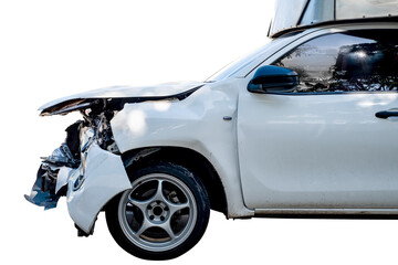 Naklejka premium Car crash, Front and side view of white car get damaged by accident on the road. damaged cars after collision. Isolated on transparent background, car crash broken, PNG File