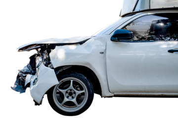 Car crash, Front and side view of white car get damaged by accident on the road. damaged cars after collision. Isolated on transparent background, car crash broken, PNG File