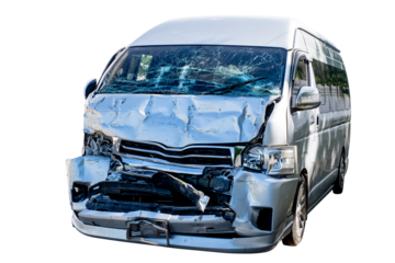 Front and side of white car get damaged by accident on the road. damaged cars after collision. isolated on transparent background, car crash bumper graphic design element, PNG File