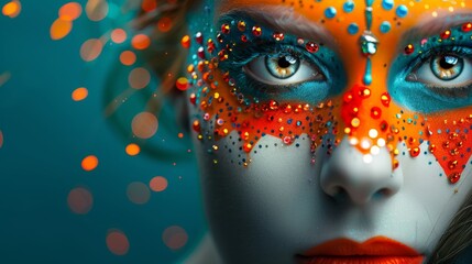 Close-Up Portrait of a Woman with Colorful Makeup
