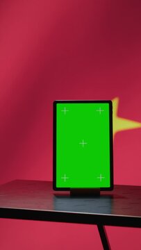 Vertical video Chinese engineer uses green screen tablet to make fake accounts on social media promoting communist ideology. Technician doing cybersecurity job for CCP government with mockup device