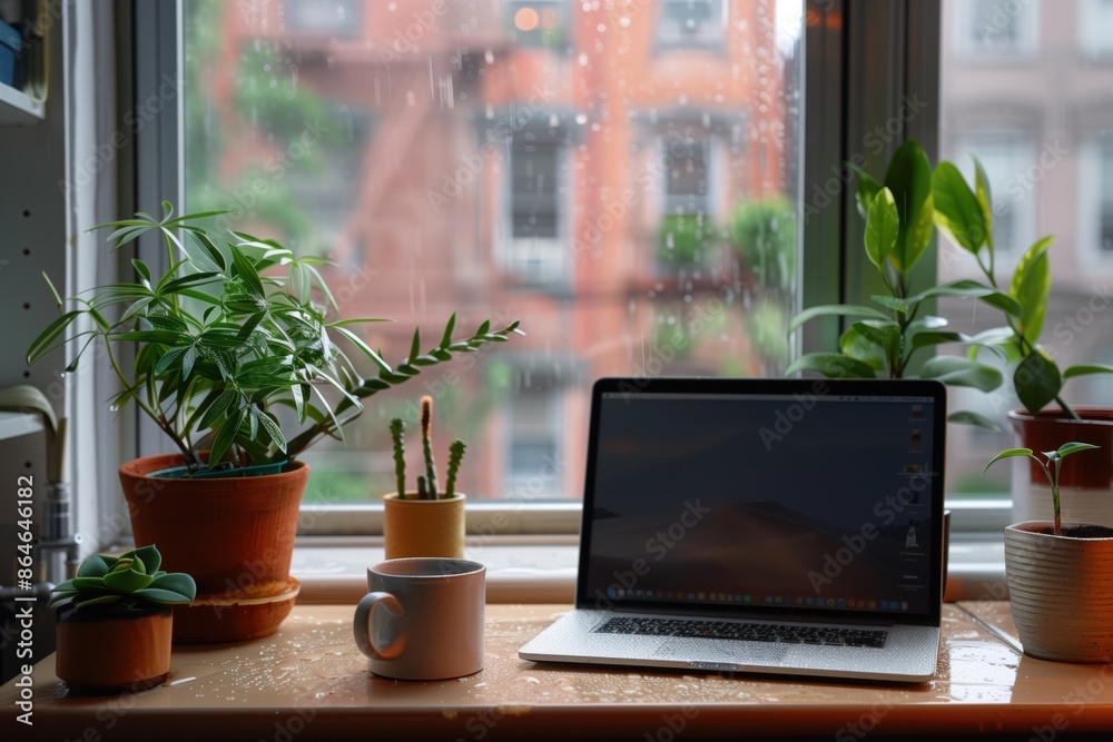 Wall mural View from a plant-cluttered desk out a window into a rainy city	and a laptop computer