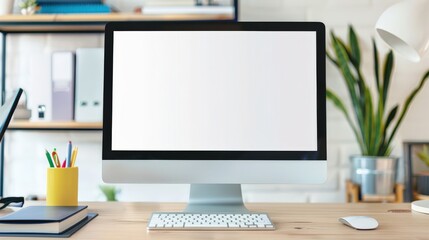 A computer monitor sits on a desk with a yellow pencil holder and a potted plant