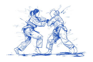 Fototapeta premium Illustration of Two Female Martial Artists Sparring in Karate Gi. Olympics in France 2024.