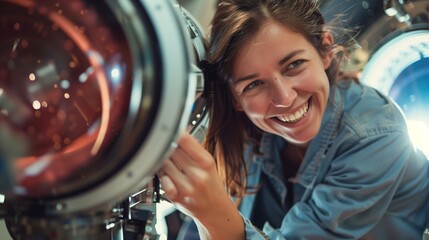 A researcher smiles, adjusting a space telescope lens, her eyes twinkling with the stars she observes.