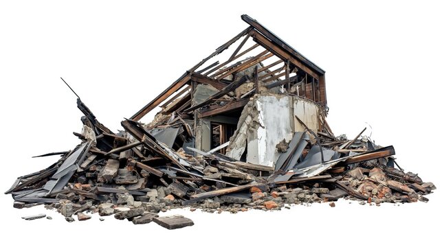 side view on collapsed and destroyed remains of wrecked building on white background