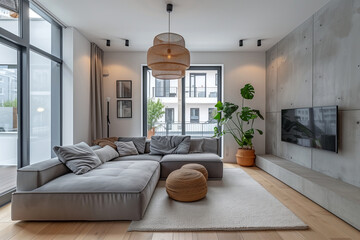 A modern minimalist living room with a gray sofa