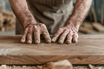 Weathered hands resting on wooden surface