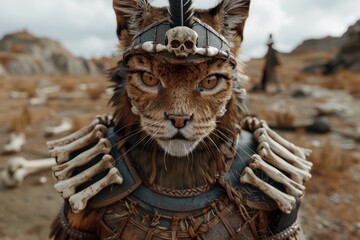 Obraz premium Fierce warrior cat with skull helmet