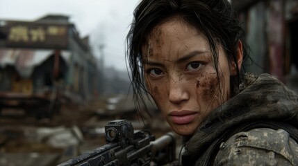 Obraz premium Female soldier holding assault rifle in urban environment