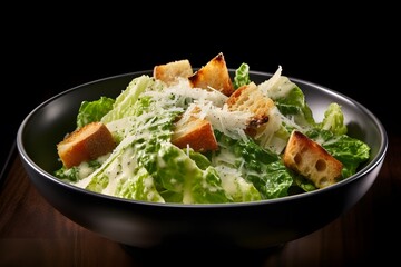 Traditional caesar salad consisting of parmesan cheese, croutons, and lettuce. salad with Caesar dressing. Delicious vegetarian recipe for a cookbook. menu for diet and fitness. top view.