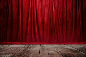 Red curtain stage backdrop with wooden floor