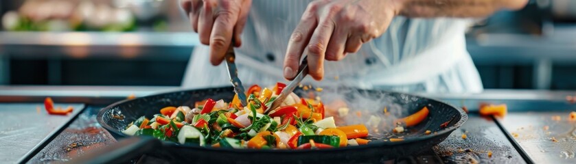Chef preparing a colorful stir-fry with fresh vegetables in a high-end kitchen. The vibrant and healthy dish is cooked with skill and precision.