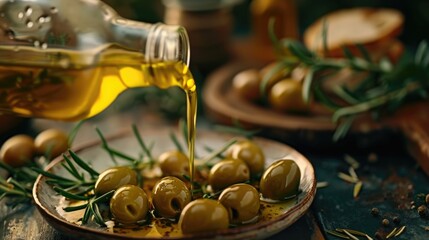 Fresh olives served with olive oil on a plate, perfect for snacking or as part of a Mediterranean-inspired dish