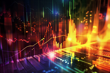 Fototapeta premium A colourful background with upward and downward trends in chart, and financial figures