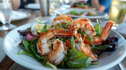 A fresh seafood salad with mixed greens, served in a cozy waterfront dining spot