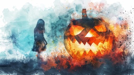Naklejka premium Watercolor painting shows young girl in a dress with carved pumpkin lit up, sinister grin, halloween mood