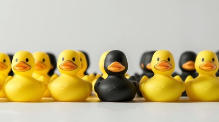 group of yellow plastic ducks next to some black ducks on a white background