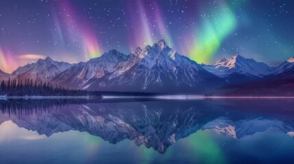 Aurora Night Background of Northern Lights Over Snowy Mountains Aurora photography night landscape