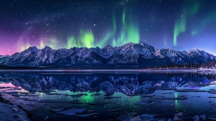 Obraz premium Aurora Night Background of Northern Lights Over Snowy Mountains Aurora photography night landscape