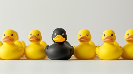 group of yellow plastic ducks next to some black ducks on a white background