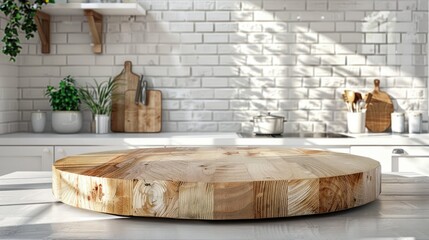Empty wooden pedestal positioned on a kitchen island with soft natural light against a white painted brick wall