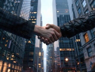 Two individuals signing a contract or agreement in front of modern skyscrapers, representing a professional partnership