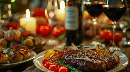 Luxurious steak dish with a side of grilled asparagus, on a tastefully set table with a candlelit ambiance