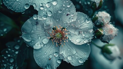 Rain-soaked petals on a flower, representing nature's gentle poetry