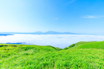 初夏の大観峰から見た雲海と景色　熊本県阿蘇市　Sea of ​​clouds and...