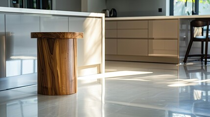 Spacious kitchen area highlighting an unused wooden pedestal on a glossy countertop with a minimalist aesthetic