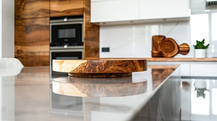 Spacious kitchen area highlighting an unused wooden pedestal on a glossy countertop with a minimalist aesthetic