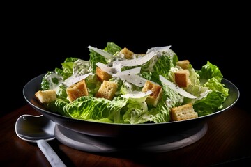 Traditional caesar salad consisting of parmesan cheese, croutons, and lettuce. salad with Caesar dressing. Delicious vegetarian recipe for a cookbook. menu for diet and fitness. top view.