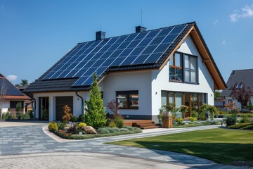 Naklejka premium A residential building with solar power generation system installed on its rooftop