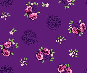 Roses With leaves Pattern on purple background