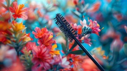 Floral Beauty Enhancement: Vibrant Flowers and Mascara Brush in Dreamy Colors