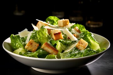 Traditional caesar salad consisting of parmesan cheese, croutons, and lettuce. salad with Caesar dressing. Delicious vegetarian recipe for a cookbook. menu for diet and fitness. top view.