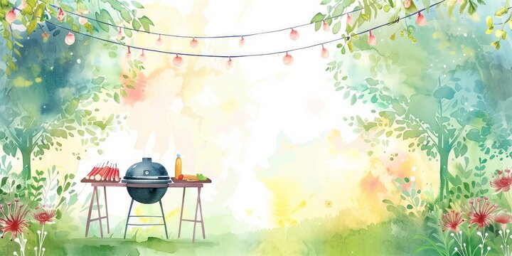 A watercolor painting of a backyard barbecue with a grill, a table, having a barbecue, bbq, illustrations, summer activities.	