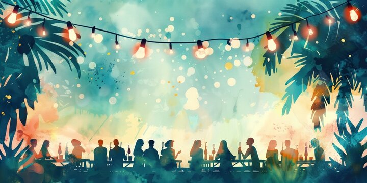 A painting of a group of people sitting around a table with drinks and food, having a barbecue, bbq, illustrations, summer activities.	