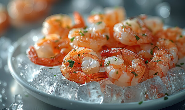 fresh shrimp on ice culinary presentation with herbs and spices