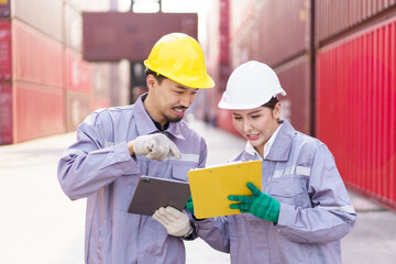 Team of container shipyard workers are performing the inspection.